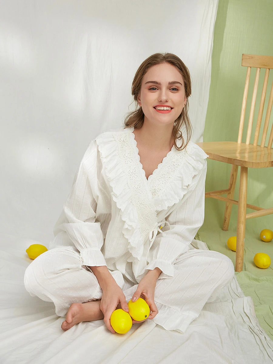 White Vintage Romantic Exquisite Cross Big Ruffled Edge Embroidered Bow Tie Striped Polka Dot Loungewear Pajama set