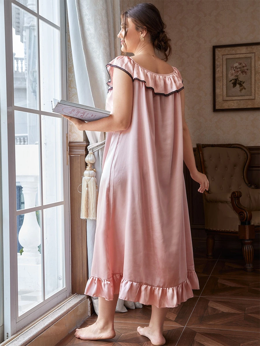 Pink Vintage Plus Size Romantic Bow Knot Embroidered Satin Nightwear Nightdress