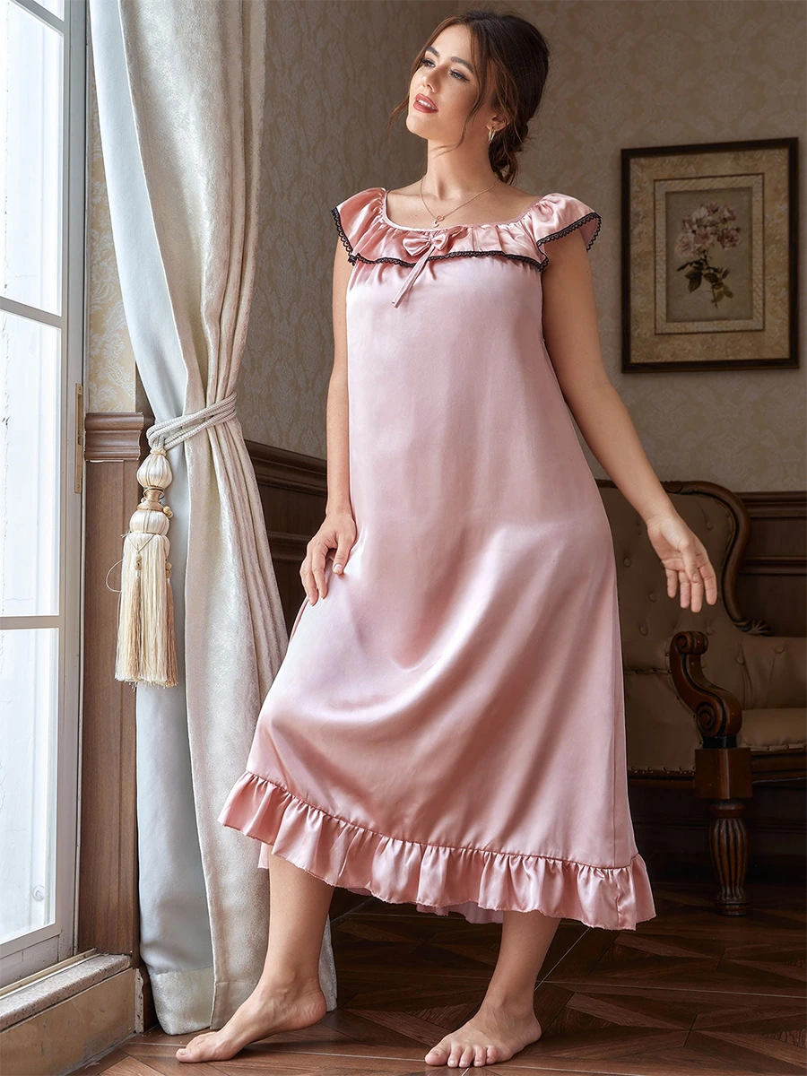 Pink Vintage Plus Size Romantic Bow Knot Embroidered Satin Nightwear Nightdress