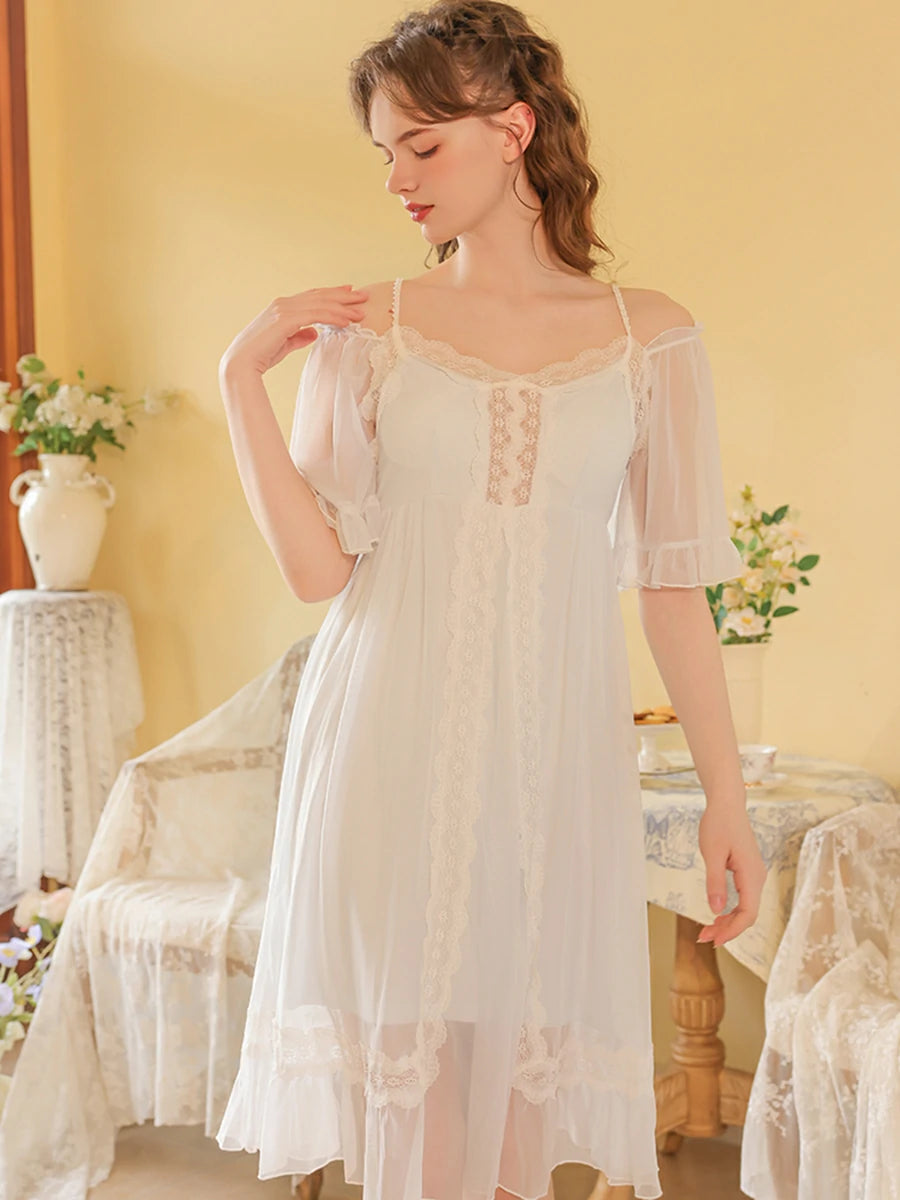 Slessic Vintage French Romantic Double-Layer Mesh Exquisite Transparent Lace Embroidered Slip Short-Sleeved Nightdress Sleepwear Nightwear