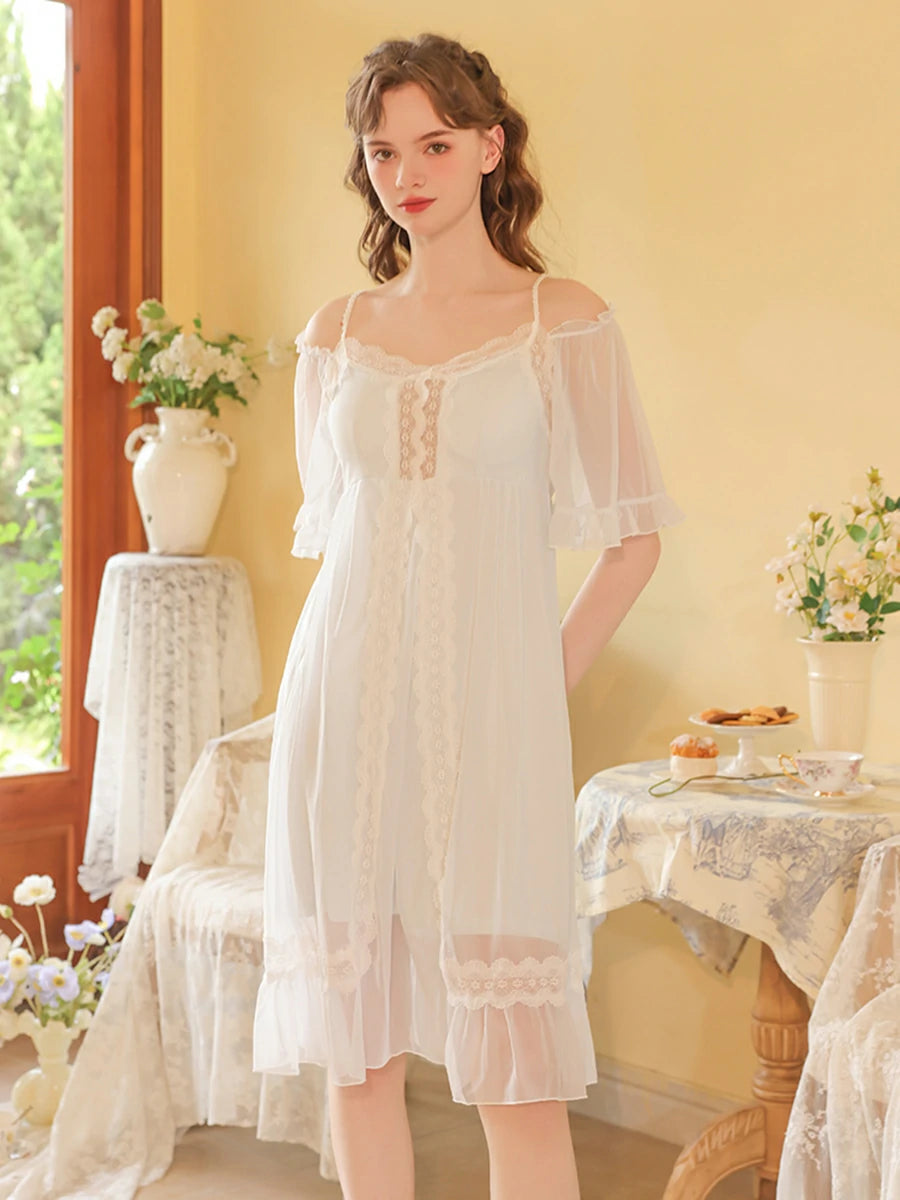 Slessic Vintage French Romantic Double-Layer Mesh Exquisite Transparent Lace Embroidered Slip Short-Sleeved Nightdress Sleepwear Nightwear