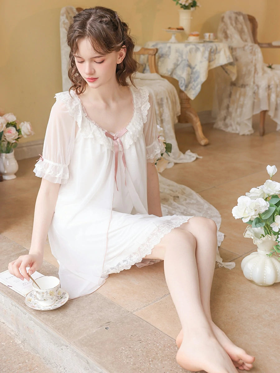 Slessic Vintage Romantic Princess Style Transparent Double-Layer Mesh Exquisite Embroidered Lace Cute Bow Short Nightdress Sleepwear Nightwear