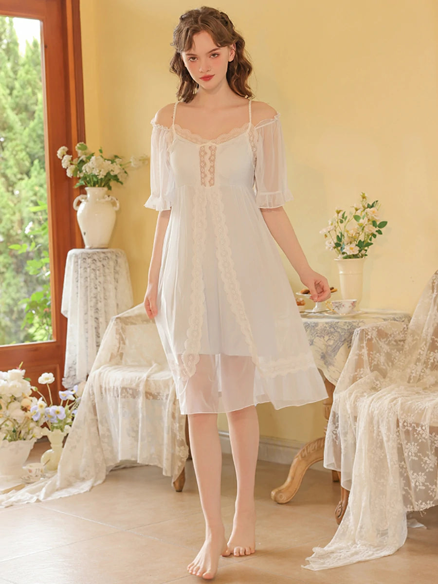 Slessic Vintage French Romantic Double-Layer Mesh Exquisite Transparent Lace Embroidered Slip Short-Sleeved Nightdress Sleepwear Nightwear