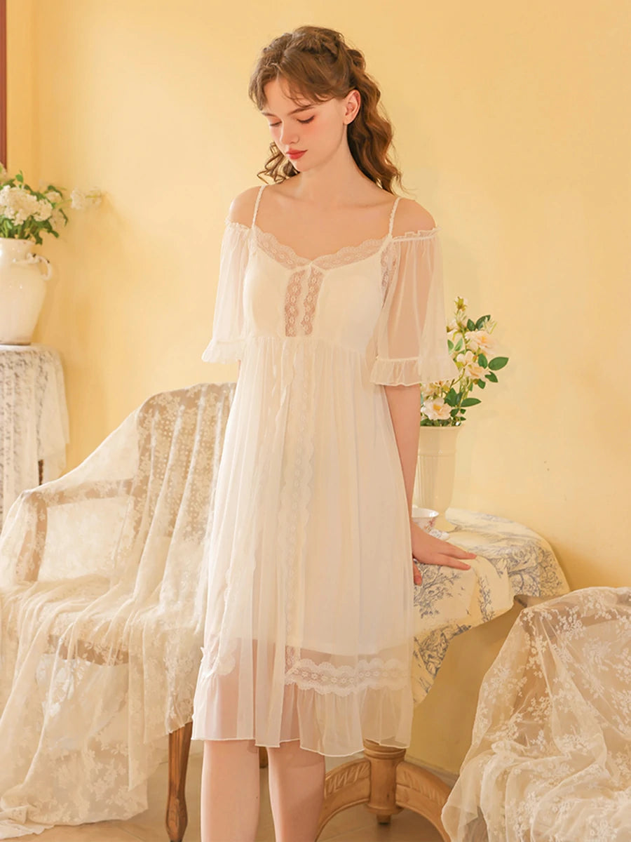 Slessic Vintage French Romantic Double-Layer Mesh Exquisite Transparent Lace Embroidered Slip Short-Sleeved Nightdress Sleepwear Nightwear
