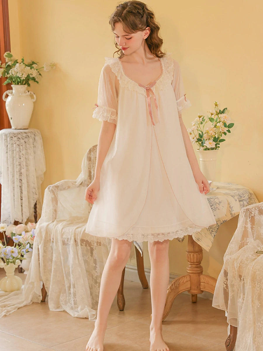 Slessic Vintage Romantic Princess Style Transparent Double-Layer Mesh Exquisite Embroidered Lace Cute Bow Short Nightdress Sleepwear Nightwear