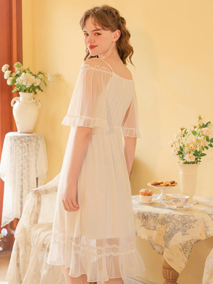 Slessic Vintage French Romantic Double-Layer Mesh Exquisite Transparent Lace Embroidered Slip Short-Sleeved Nightdress Sleepwear Nightwear