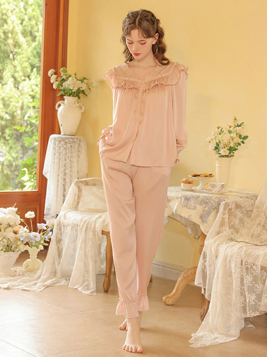 Slessic Vintage Satin Ruffled Edge Lace Embroidery Pajamas Set