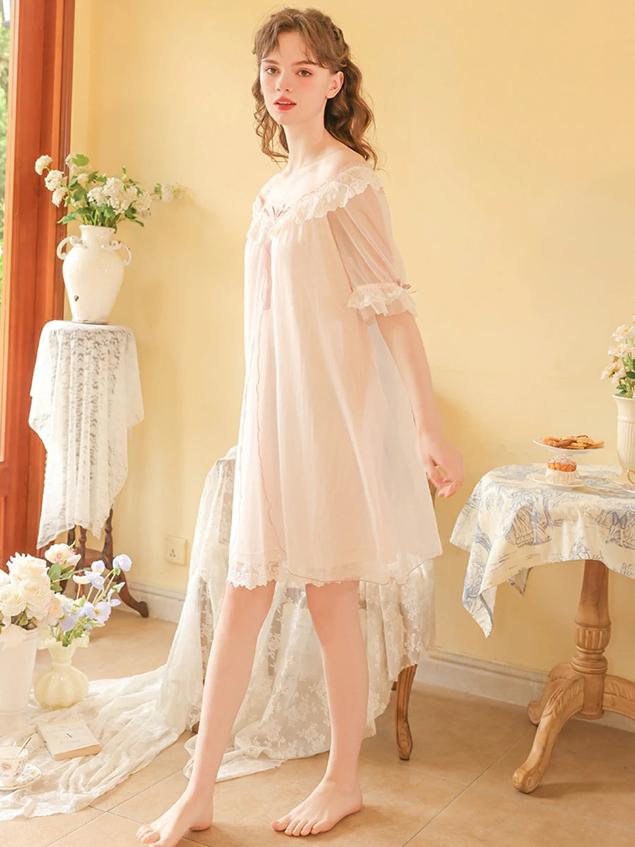 Slessic Vintage Romantic Princess Style Transparent Double-Layer Mesh Exquisite Embroidered Lace Cute Bow Short Nightdress Sleepwear Nightwear