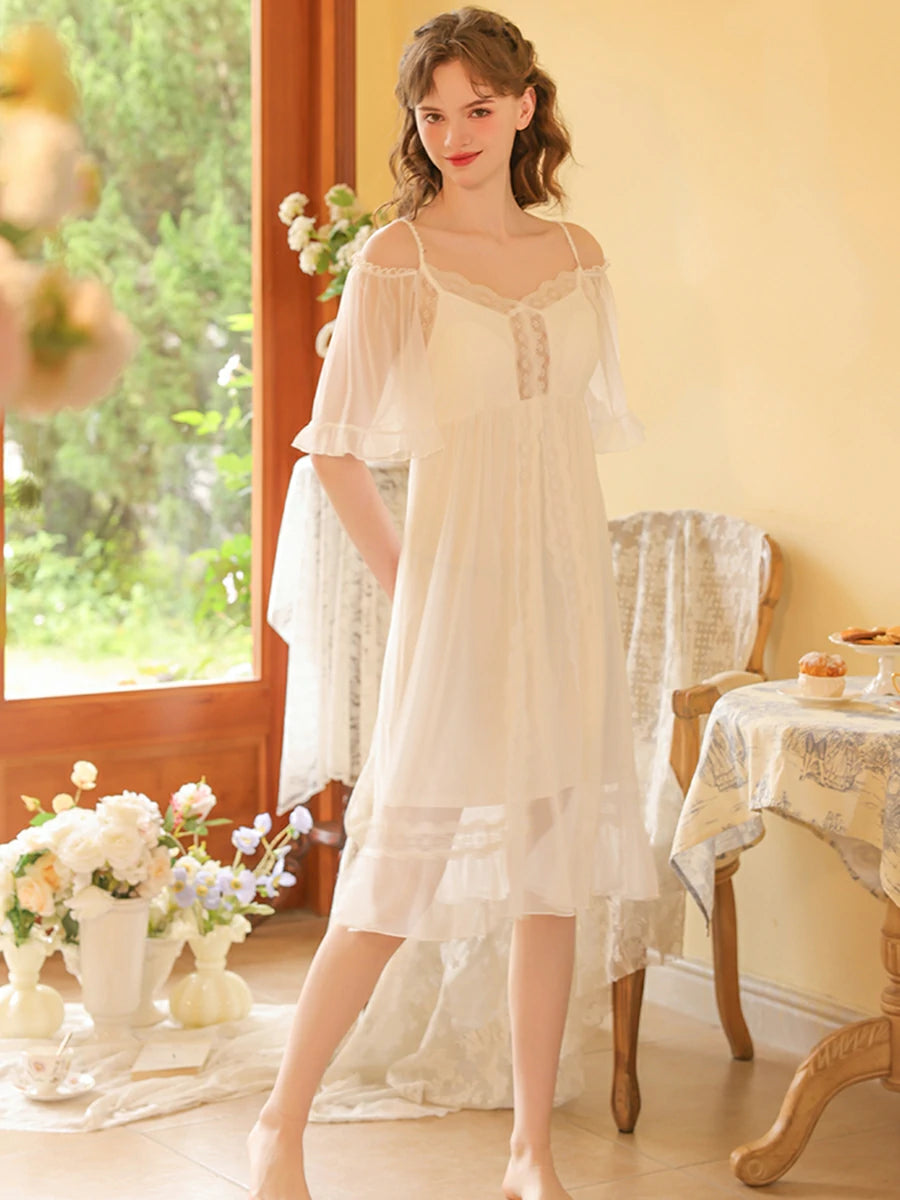 white sheer lace dress SlesSic Sheer Lace Nightgown – Romantic Off Shoulder Viscose Sleep Dress White / XL