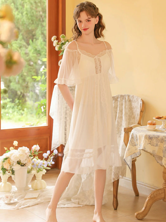 Slessic Vintage French Romantic Double-Layer Mesh Exquisite Transparent Lace Embroidered Slip Short-Sleeved Nightdress Sleepwear Nightwear