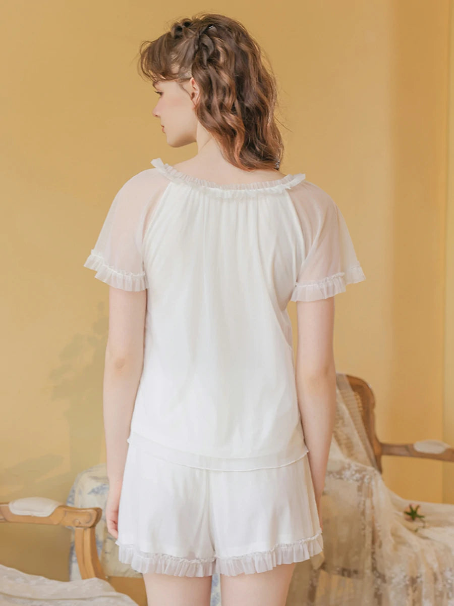 Slessic Vintage Romantic Princess Style See-Through Double-Layer Mesh Exquisite Embroidery Cute Bow Short-Sleeved Pajama Set