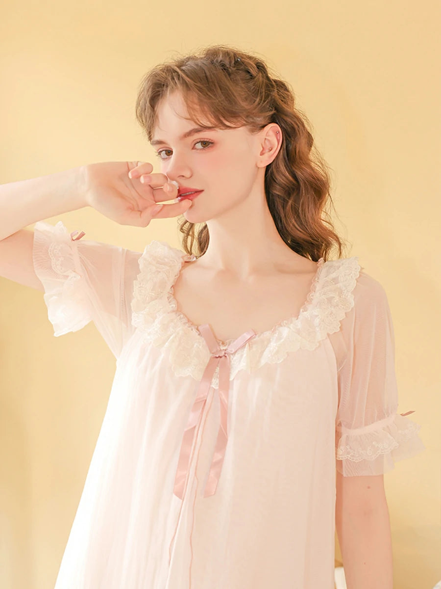 Slessic Vintage Romantic Princess Style Transparent Double-Layer Mesh Exquisite Embroidered Lace Cute Bow Short Nightdress Sleepwear Nightwear