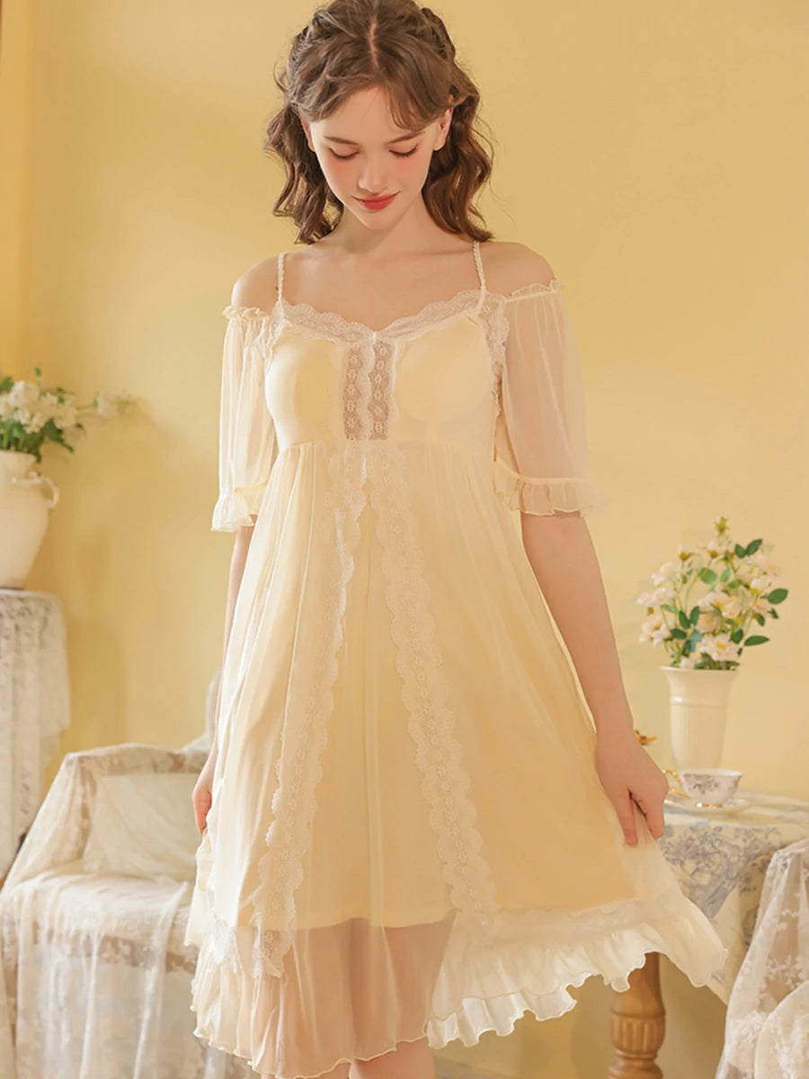 Slessic Vintage French Romantic Double-Layer Mesh Exquisite Transparent Lace Embroidered Slip Short-Sleeved Nightdress Sleepwear Nightwear