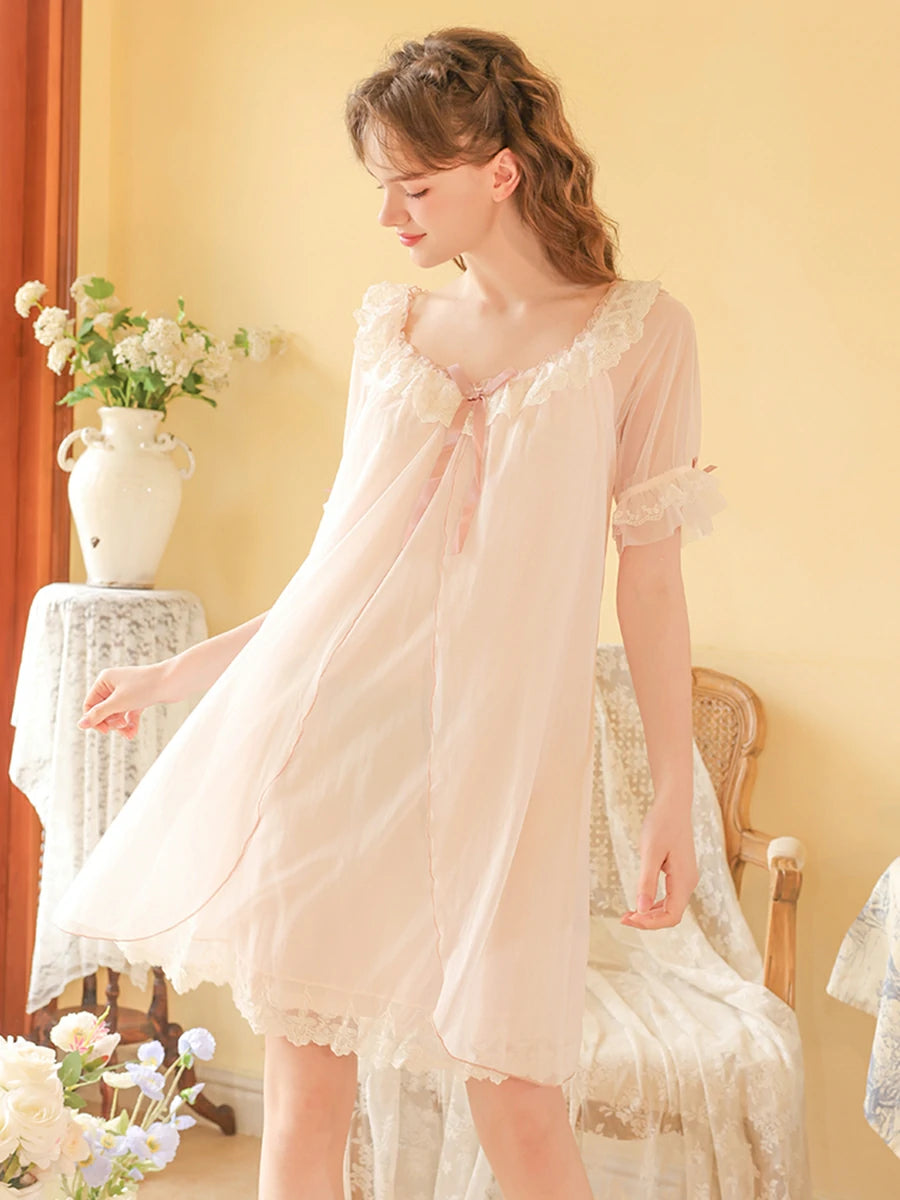 Slessic Vintage Romantic Princess Style Transparent Double-Layer Mesh Exquisite Embroidered Lace Cute Bow Short Nightdress Sleepwear Nightwear