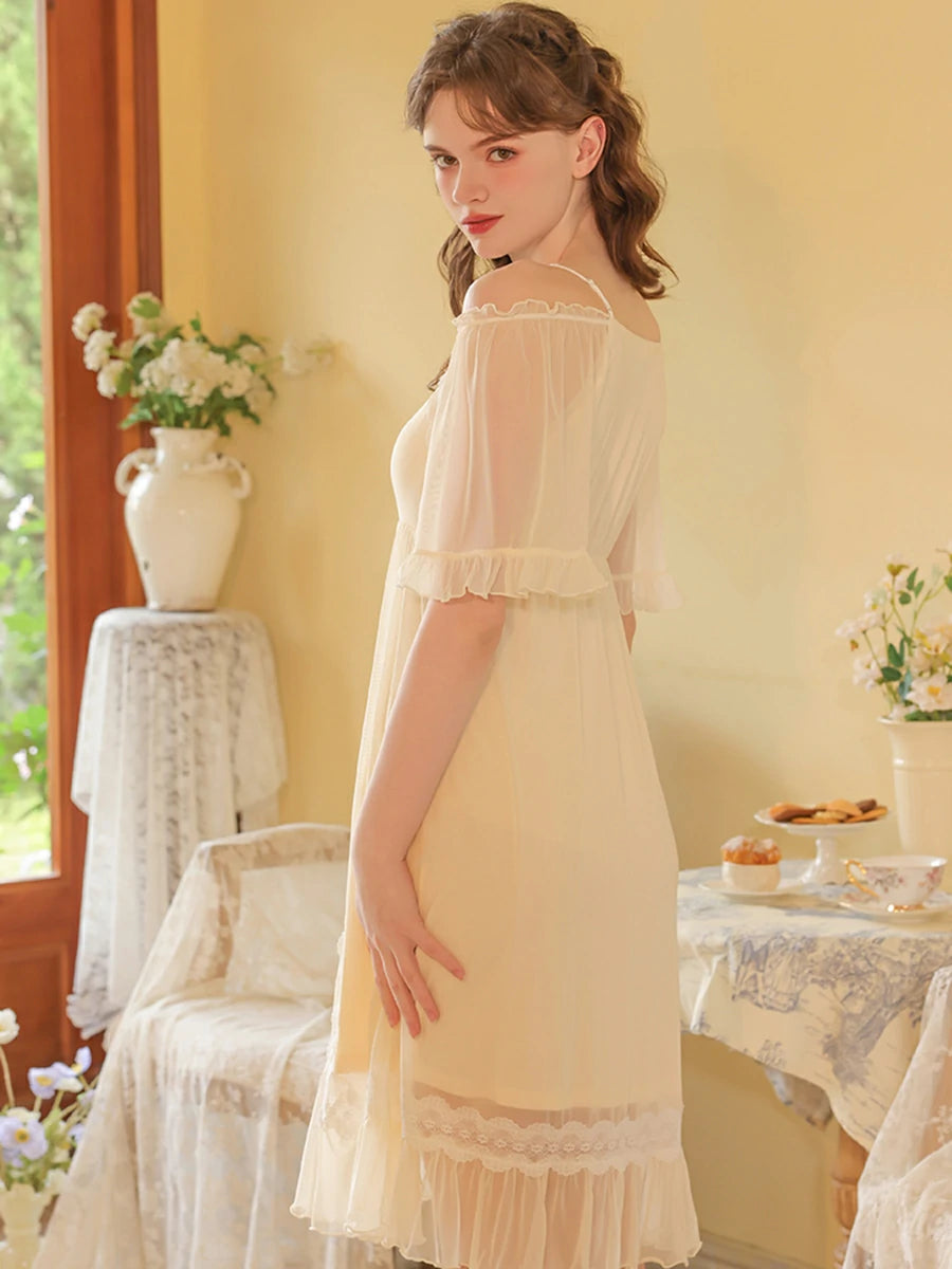 Slessic Vintage French Romantic Double-Layer Mesh Exquisite Transparent Lace Embroidered Slip Short-Sleeved Nightdress Sleepwear Nightwear