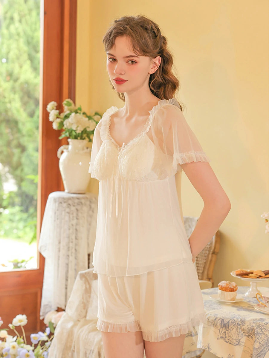 Slessic Vintage Romantic Princess Style See-Through Double-Layer Mesh Exquisite Embroidery Cute Bow Short-Sleeved Pajama Set