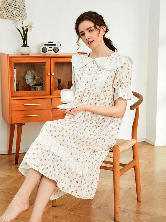 White Vintage Romantic Exquisite Ruffled Edges Embroidered Cute Floral Pattern Nightwear Nightdress