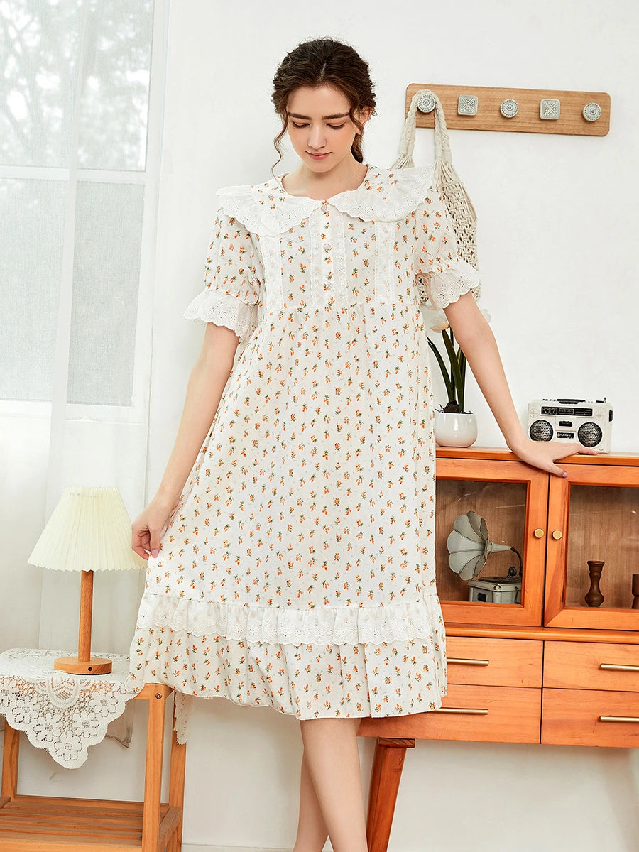 White Vintage Romantic Exquisite Ruffled Edges Embroidered Cute Floral Pattern Nightwear Nightdress