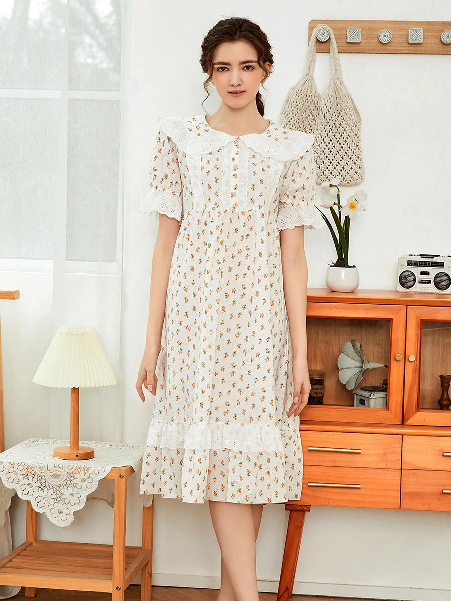 White Vintage Romantic Exquisite Ruffled Edges Embroidered Cute Floral Pattern Nightwear Nightdress