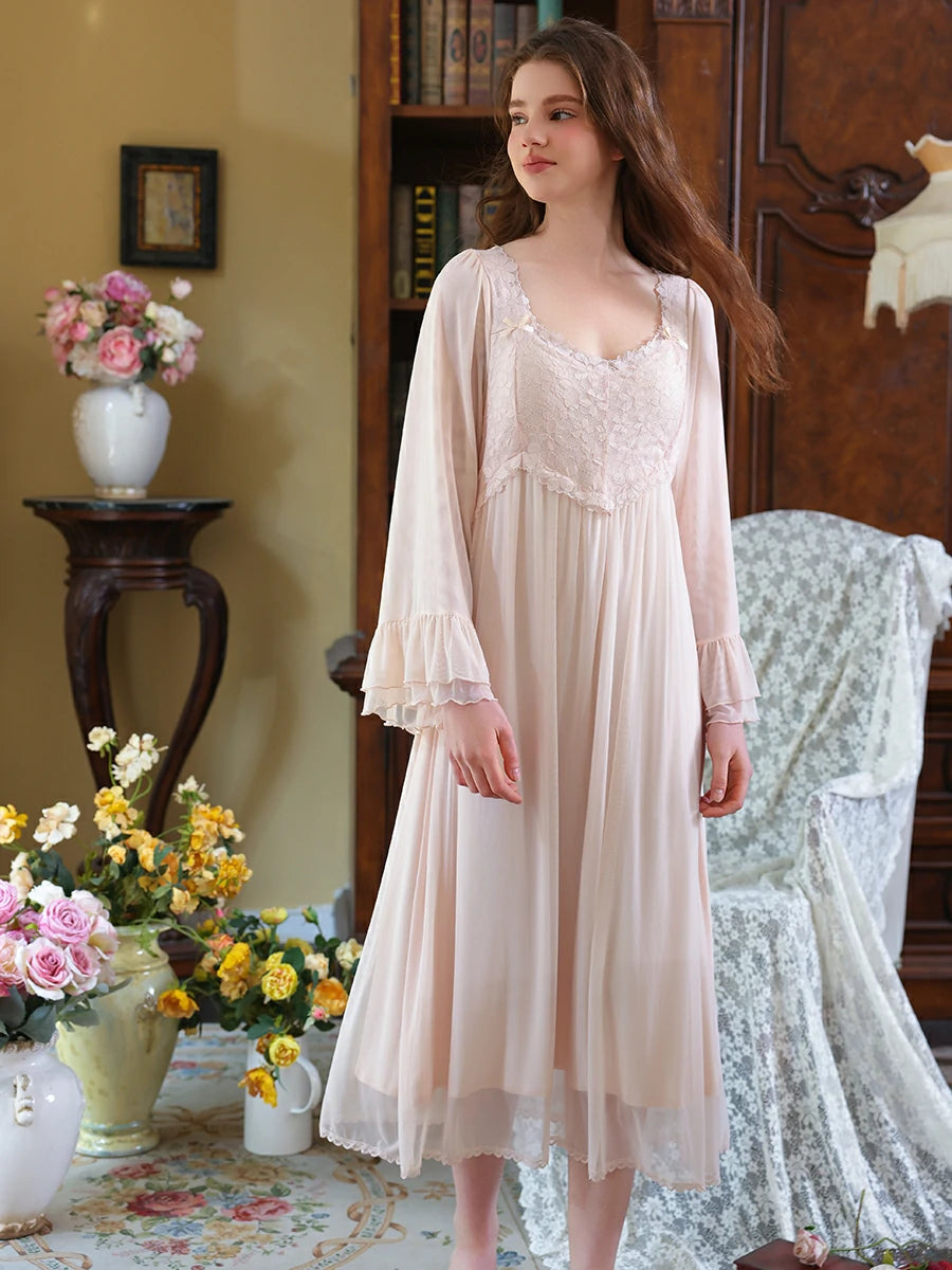 Slessic Vintage French Palace Style Exquisite Petal Lace Embroidered Bow Romantic Double-layer Mesh Long-sleeved Nightdress Nightwear Sleepwear
