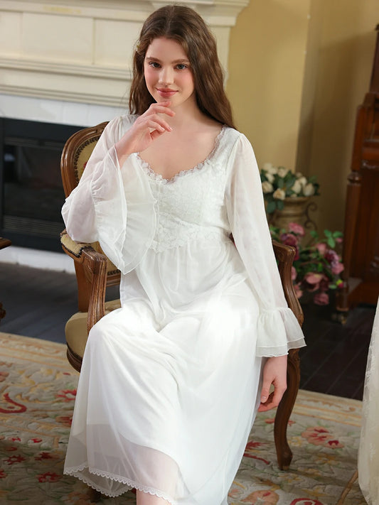 Slessic Vintage French Palace Style Exquisite Petal Lace Embroidered Bow Romantic Double-layer Mesh Long-sleeved Nightdress Nightwear Sleepwear