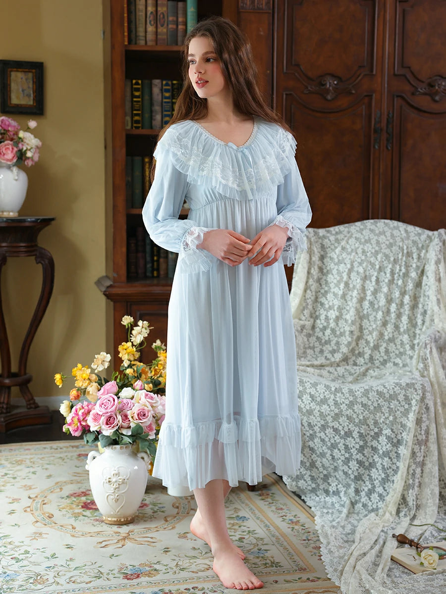 Slessic Vintage Romantic Palace Style V-neck Large Exquisite Lace Embroidery Double-layer Mesh Elegant Nightdress Nightwear Sleepwear