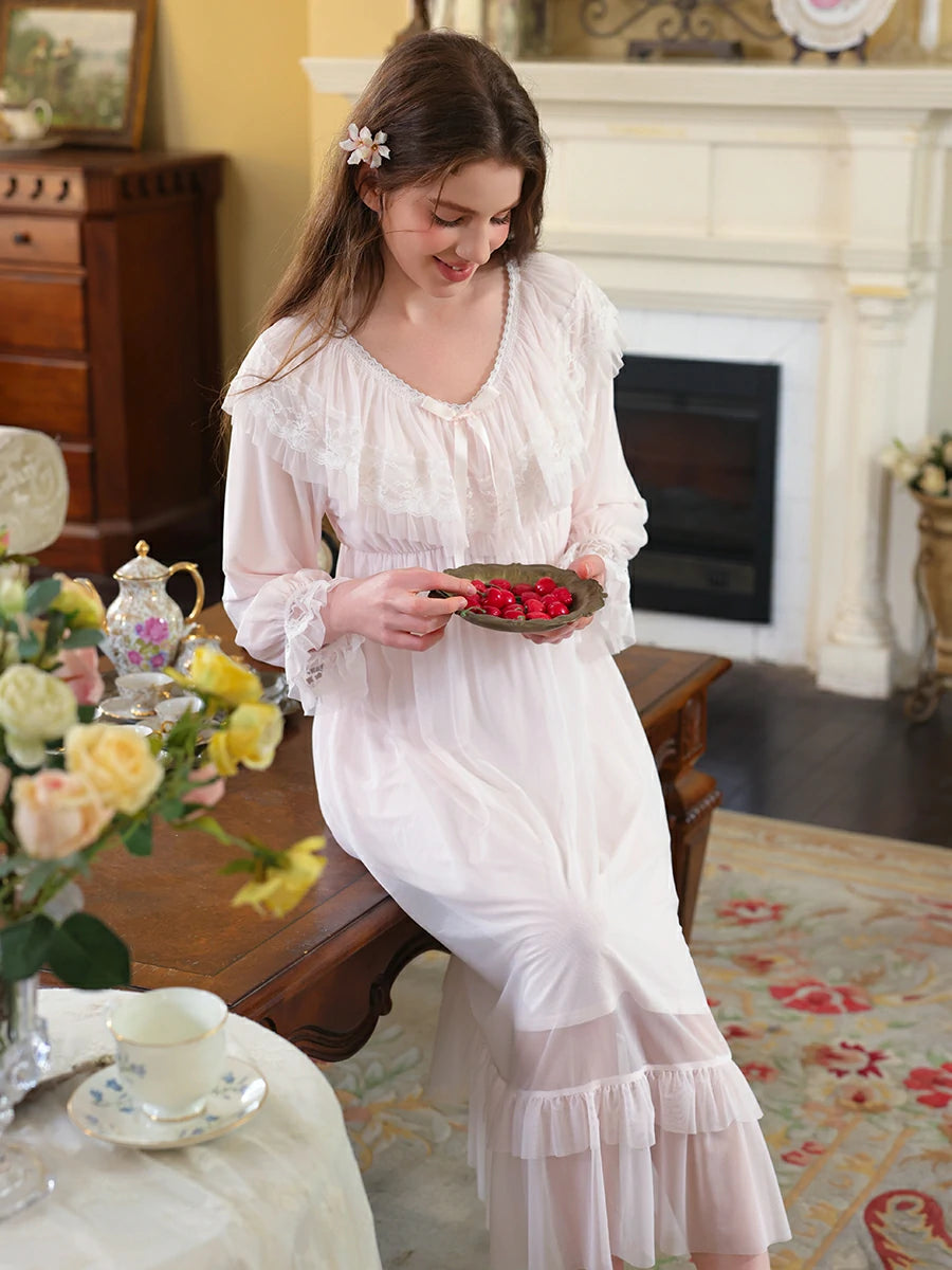 Slessic Vintage Romantic Palace Style V-neck Large Exquisite Lace Embroidery Double-layer Mesh Elegant Nightdress Nightwear Sleepwear