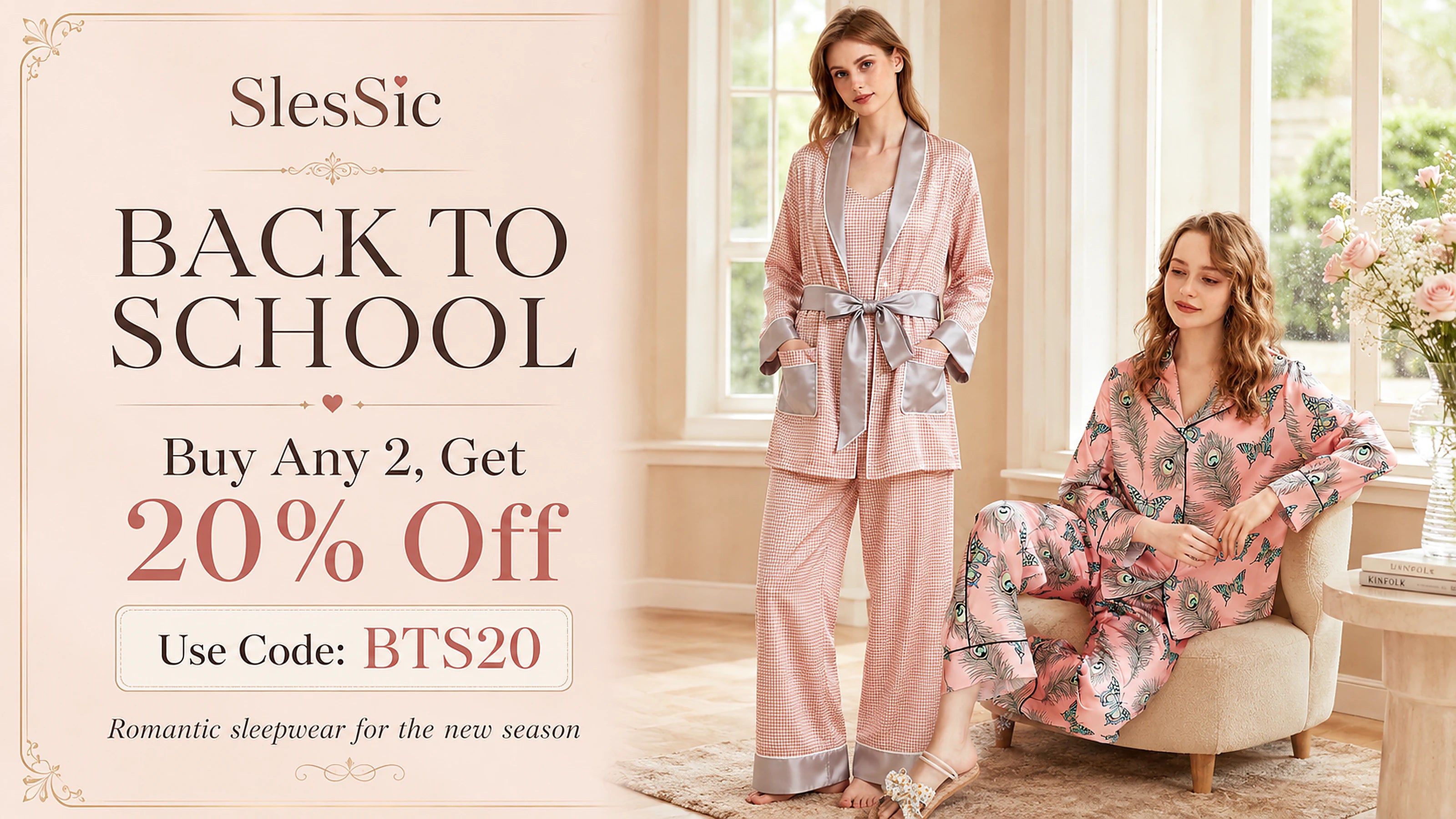 SlesSic Back to School sale featuring two women in classic pink pajama sets, with 20% off two or more items using code BTS20.
