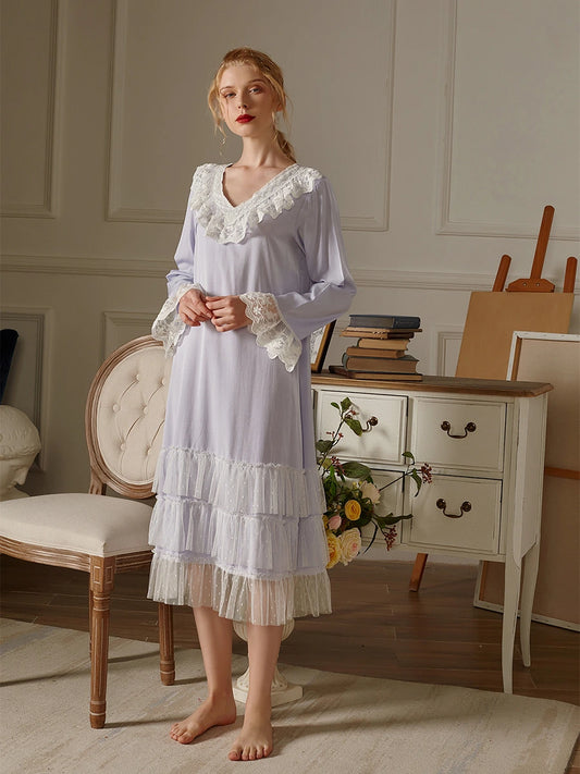 Light Purple Vintage Romantic See-through Polka Dot Printing Lace Embroidery Neckline Cuff Elegant Nightwear Nightdress
