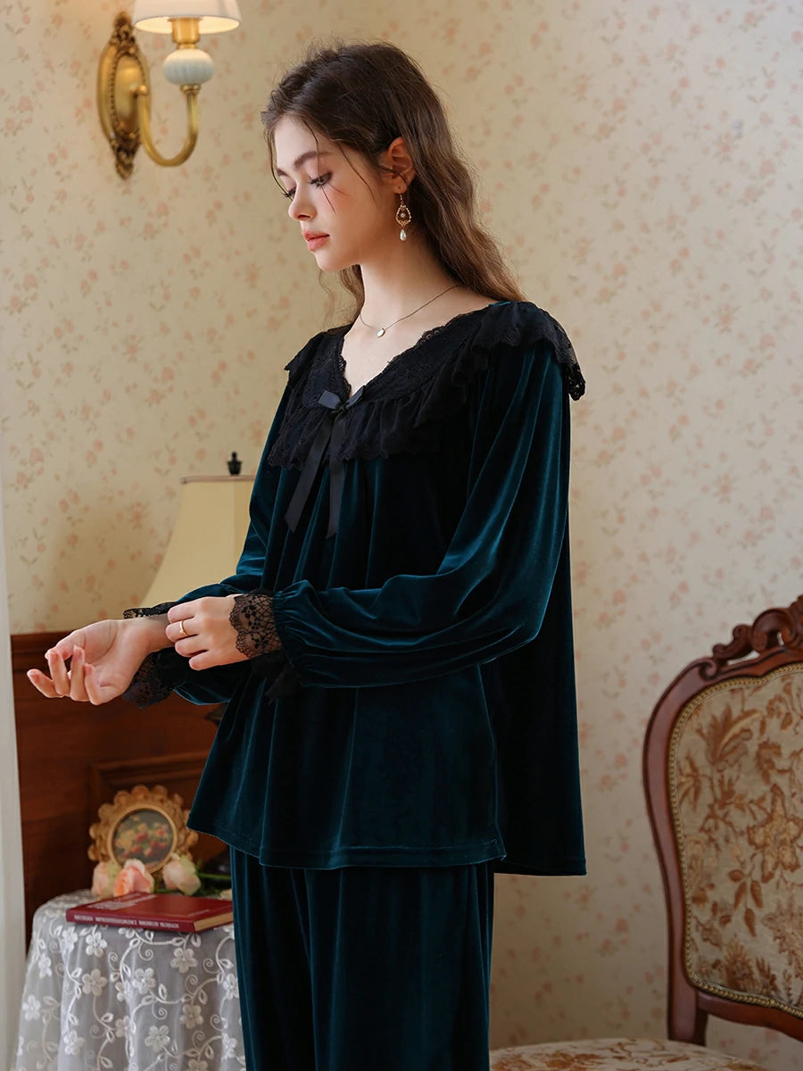Slessic Romantic Vintage French Exquisite Lace Bow Autumn And Winter Warm Velvet Pajama Set Loungewear Sleepwear