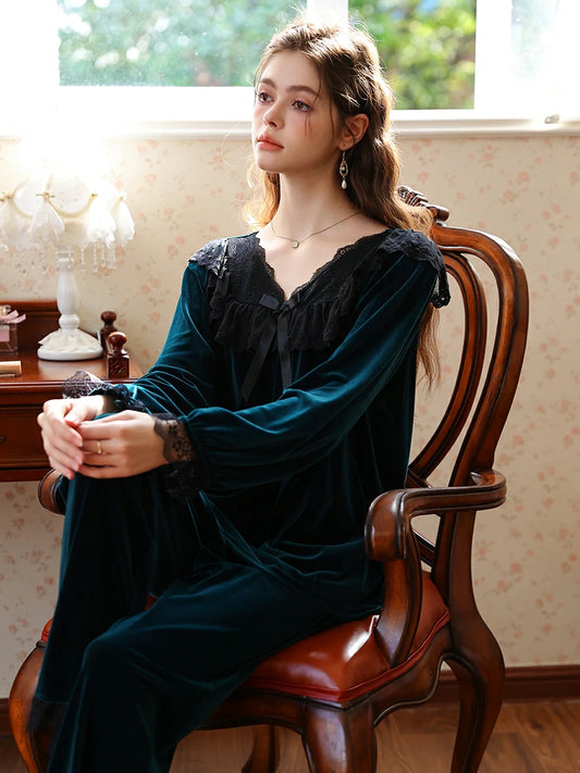 Slessic Romantic Vintage French Exquisite Lace Bow Autumn And Winter Warm Velvet Pajama Set Loungewear Sleepwear