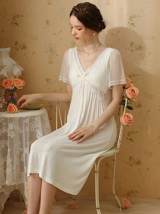 Slessic Vintage Romantic Palace Style Deep V Embroidered Collar Bow See-Through Mesh Lace Short-Sleeved Nightwear Nightgown