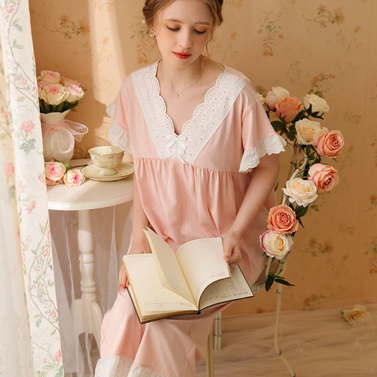 Pink Romantic Vintage Big V-Neck Embroidered Bow-Knot Lace Short-Sleeved Loungewear Nightwear Pajama Set