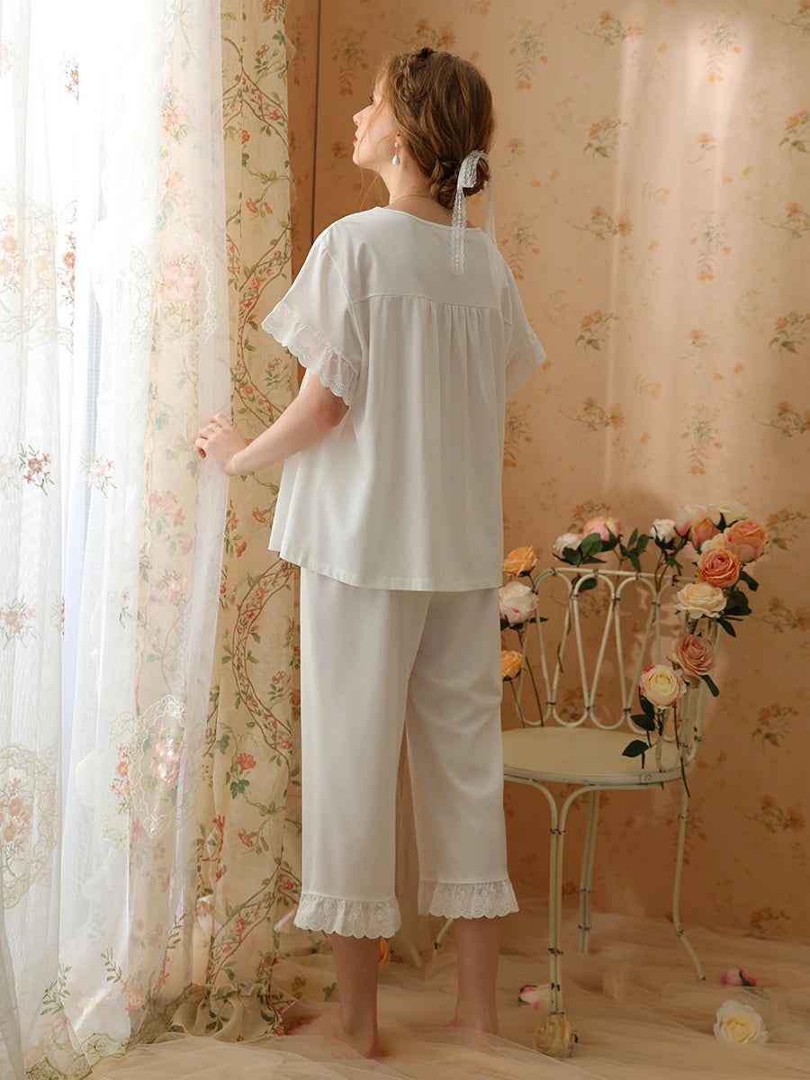 White Romantic Vintage Big V-Neck Embroidered Bow-Knot Lace Short-Sleeved Loungewear Nightwear Pajama Set