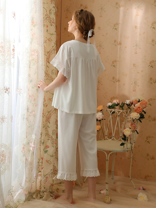 White Romantic Vintage Big V-Neck Embroidered Bow-Knot Lace Short-Sleeved Loungewear Nightwear Pajama Set