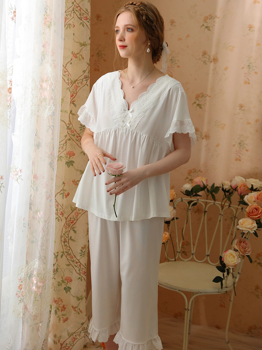 White Romantic Vintage Big V-Neck Embroidered Bow-Knot Lace Short-Sleeved Loungewear Nightwear Pajama Set