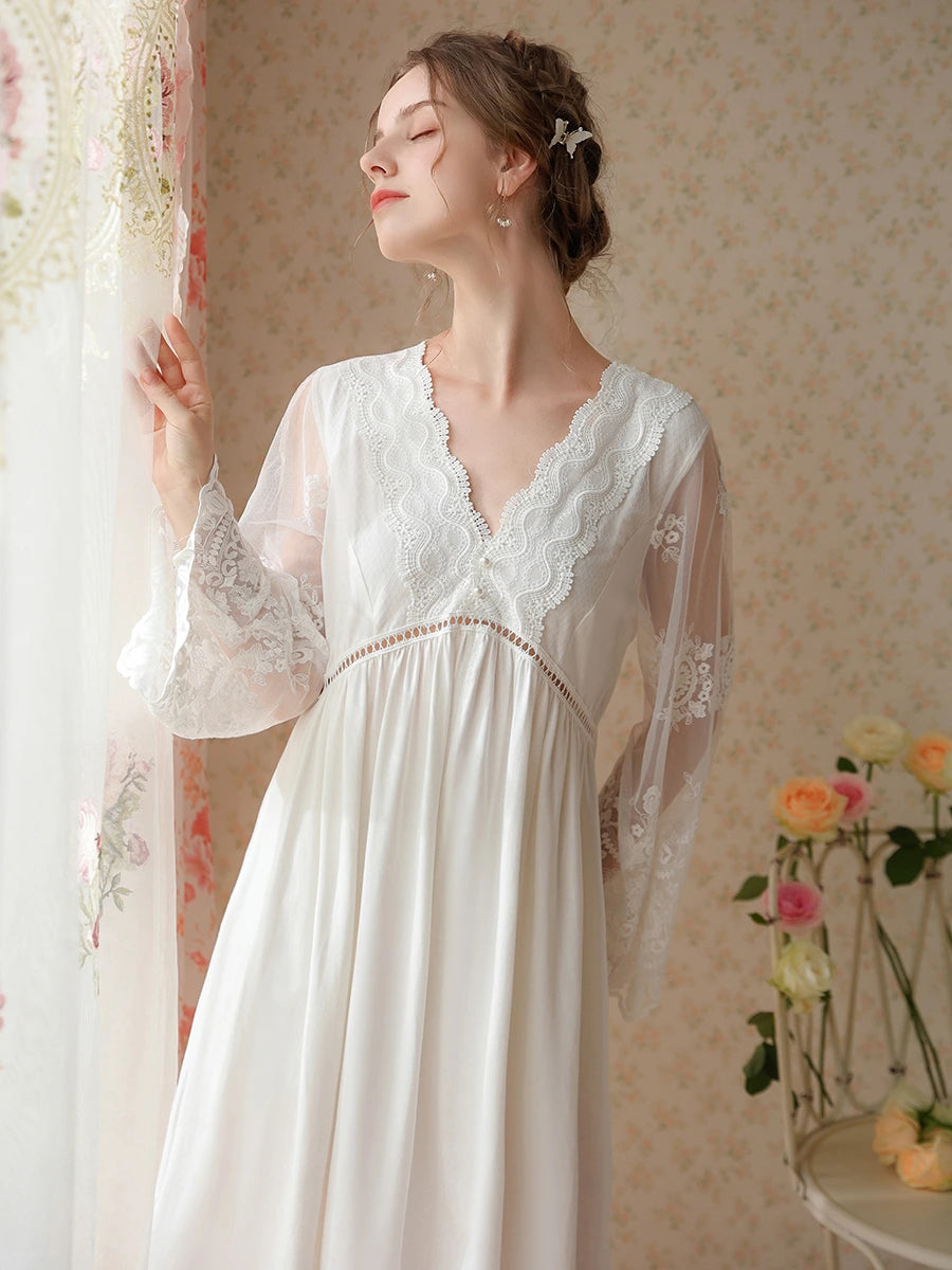 White Vintage Romantic Deep V Exquisite Large Embroidery See-Through Mesh Long-Sleeved Nightwear Nightdress