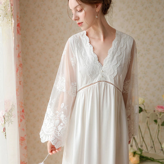 White Vintage Romantic Deep V Exquisite Large Embroidery See-Through Mesh Long-Sleeved Nightwear Nightdress