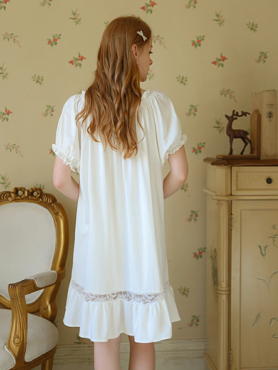 Slessic Vintage Romantic French Strap Ruffled Edge See-Through Lace Short-Sleeved Nightwear Nightgown