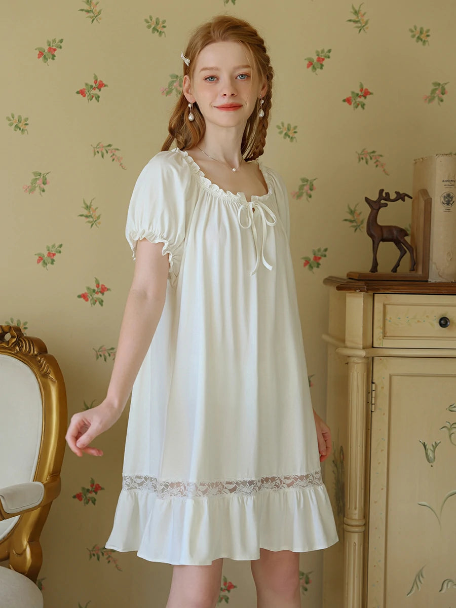 Slessic Vintage Romantic French Strap Ruffled Edge See-Through Lace Short-Sleeved Nightwear Nightgown