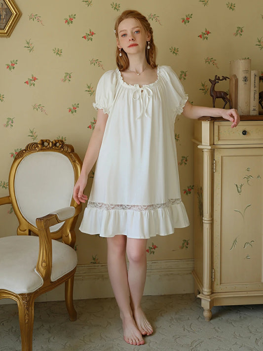 Slessic Vintage Romantic French Strap Ruffled Edge See-Through Lace Short-Sleeved Nightwear Nightgown