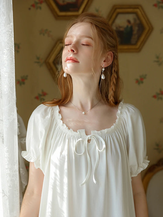 Slessic Vintage Romantic French Strap Ruffled Edge See-Through Lace Short-Sleeved Nightwear Nightgown