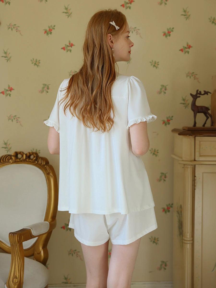 White Vintage Romantic Embroidered Ruffled Edge Short Sleeve Loungewear Nightwear Pajama Set