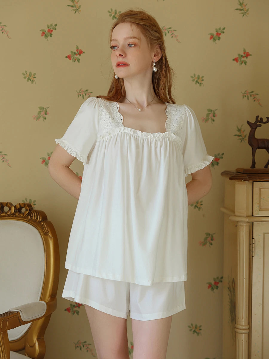 White Vintage Romantic Embroidered Ruffled Edge Short Sleeve Loungewear Nightwear Pajama Set