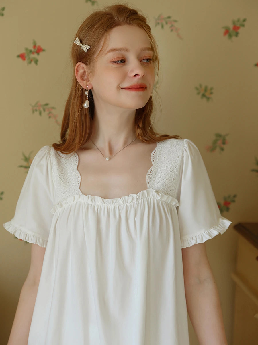 White Vintage Romantic Embroidered Ruffled Edge Short Sleeve Loungewear Nightwear Pajama Set