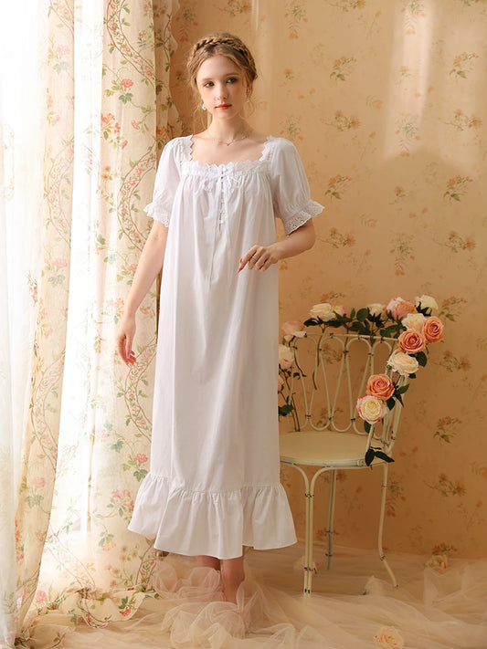 White Vintage Romantic Exquisite Embroidered Bow-Knot Chest Button Short-Sleeved Nightwear Nightdress