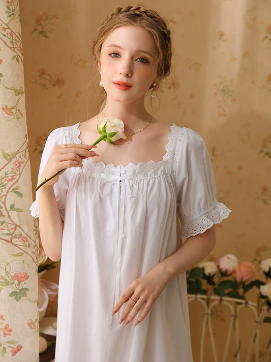 White Vintage Romantic Exquisite Embroidered Bow-Knot Chest Button Short-Sleeved Nightwear Nightdress