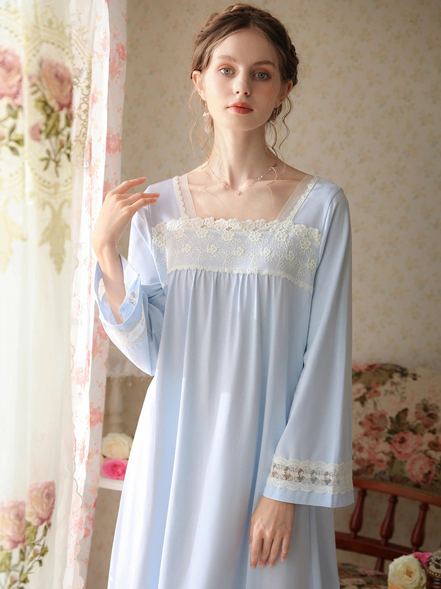 Light Blue Vintage Romantic Chinese Style Embroidered Lace See-Through Mesh Long-Sleeved Nightwear Nightdress
