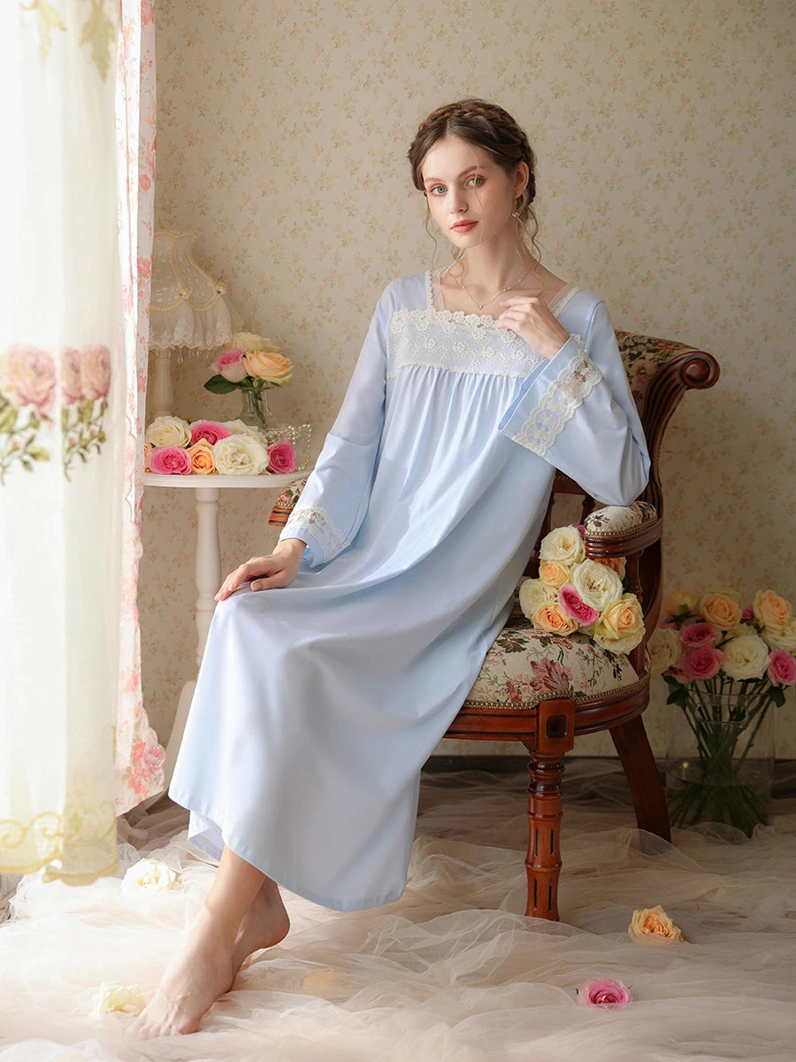 Light Blue Vintage Romantic Chinese Style Embroidered Lace See-Through Mesh Long-Sleeved Nightwear Nightdress