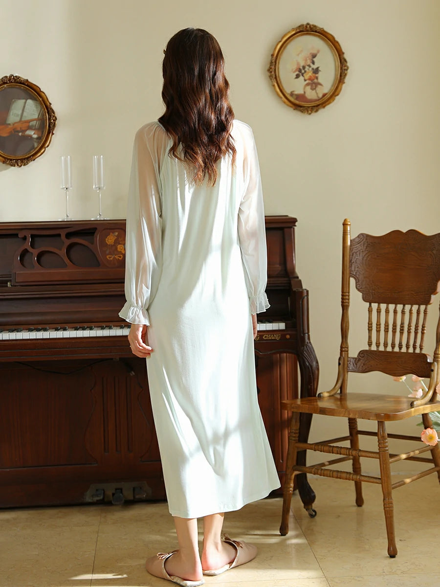 Slessic Vintage French Romantic Exquisite Lace Sweet Bow See-through Mesh Long-sleeved Nightdress Nightwear Sleepwear